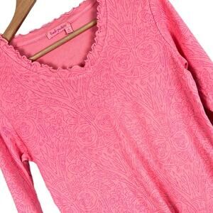 FRESH PRODUCE Women's XS‎ Pink Floral Lettuce Ruffle 3/4 Sleeve USA V-Neck Shirt